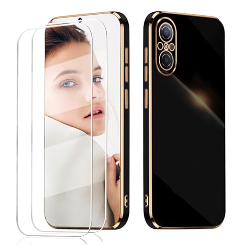 LENGRACE para Huawei Nova 9 SE Borde Chapado Carcasa con 2 Protector Pantalla,Galvánico Silicona TPU Anti-Choque Antigolpes Funda-Negro