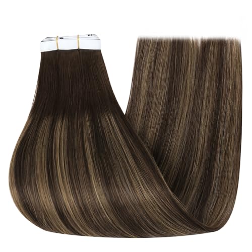 Image of Full Shine Tape in Weft Hair Extensions Human Hair 20 Inch Color 2 Dark Brown to 8 Ash Brown and 2 Dark Brown Seamless Genius Weft Hair Extensions 4PCS Straight Soft and Silky 120g