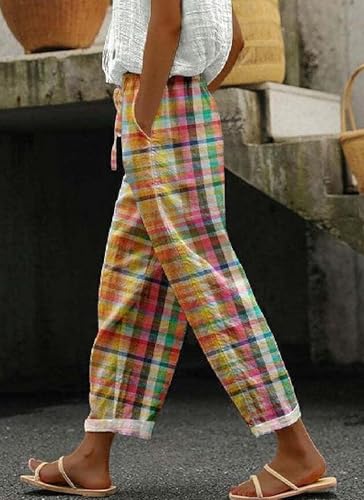 Women's Gingham Capris Blue Pants 2025 Summer Casual High Rise Plaid Harem Slacks Business Lounge Pant with Pocket2