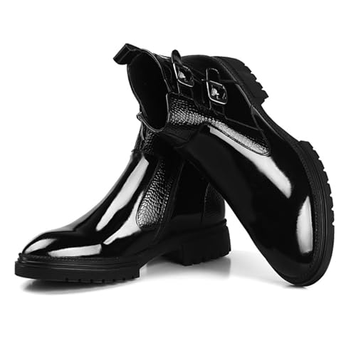 Men's Patent Leather Chelsea Ankle Boots with Zipper and Buckle Fashion Round Toe Lug Sole High Top Motorcycle Combat Boots Comfortable Casual Business Chukka Boots3