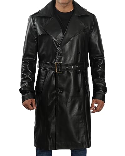 Decrum Mens Leather Coats - Real Lambskin Black Trench Coat Style Leather Jackets For Men