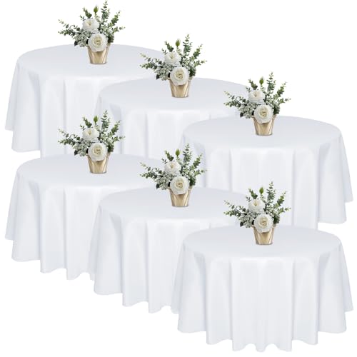 6 Pack 120 In Round White Tablecloths - Reusable Polyester Table Covers – Protect from Spills (Not Waterproof) – for Weddings, Banquets, Parties – Ships Folded, Wrinkles Likely, Steam Before Use