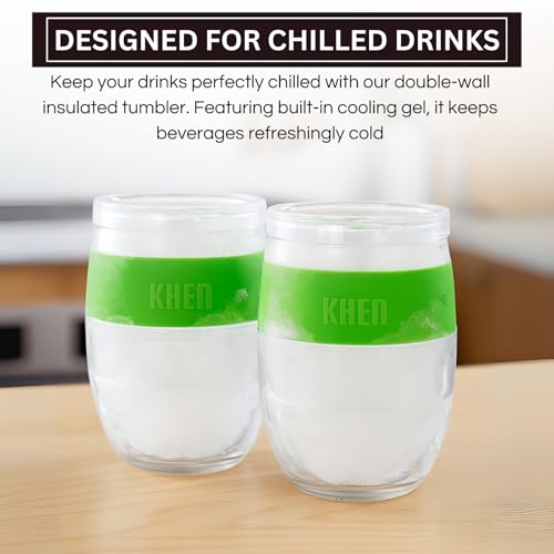Image of Freezable Wine Tumbler Set with Lids & Green Grip - 2 Set - 13 oz Tumblers Insulated Cooling Gel Glasses - Reusable Double Wall Stemless Cups for Keeping Drinks Cold, Outdoor Entertaining & Gifts