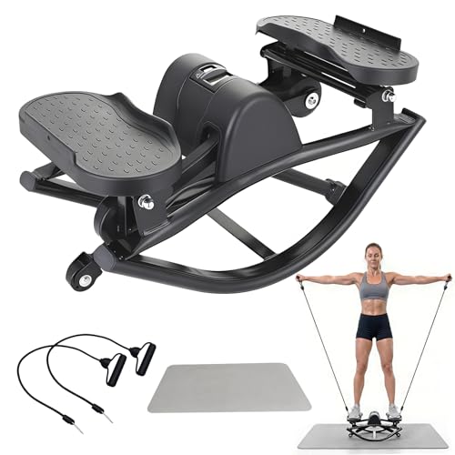 Rock Stepper Side to Side Fitness, Low Impact Lateral Stepper for Home Workout with Resistance Bands, Digital Monitor and Floor Mat, Quiet Step Rocker for Legs and Glutes (All Black)