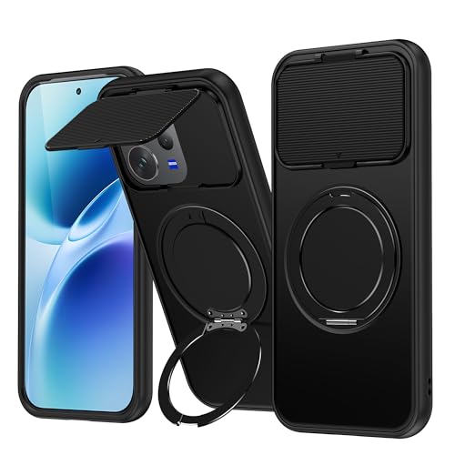 Image of Spazy Case Vivo V70 Back Cover|Premium Magnetic Ring Stand Case with Camera Protection Slider|360 Rotating Kickstand|Slim & Strong Grip Phone Case for Vivo V70-Black