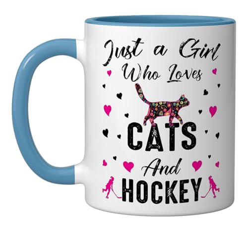 Just A Girl Who Loves Cats And Ice Hockey Cat Lover Ceramic Mug, Blue/White