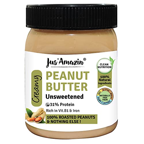 Jus' Amazin Creamy Peanut Butter - Unsweetened (325g) | 27.8% Protein | Only 100% Pure Peanuts - no added Sugar/Salt/Hydrogenated Fats/Emulsifiers | Dairy Free, Keto | Clean Nutrition, 0% Chemcials