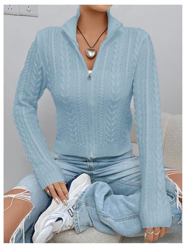 Image of MakeMeChic Women's Cropped Cable Knit Sweater Zip Cardigan Fall Clothes