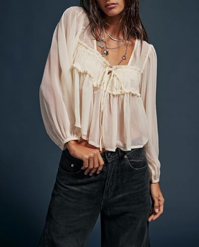 Image of Sexy Ruffle Shirt Flowy Lace Long Sleeve Front Tie Chiffon Top Boho Embroidered Peasant Blouse Summer Bow Tie Front Peplum Tops for Women