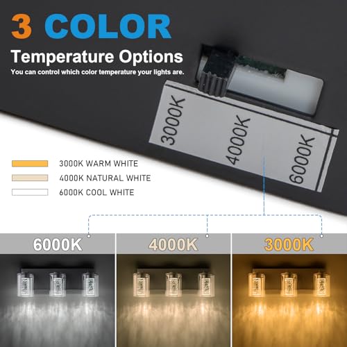 Image of SineRise Bathroom Vanity Light with 3 Color Modes (3000K /4000K /6000K), Eye Protection LED Bathroom Light Fixture, Dimmable Modern Wall Light Over Mirror with Clear Glass Shade (Black, 3-Light)