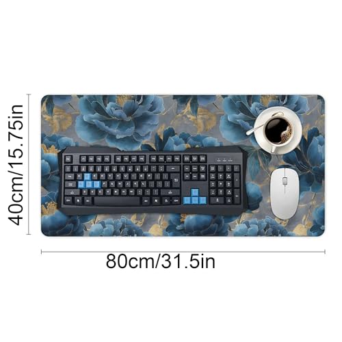 Image of Floral Retro Blue Extended Gaming Mouse Pad, with Stitched Edges Large Mouse Pad Desk Protector, Rubber Base Mousepad Keyboard Mouses Mat for Work Game Office Home- 32 inch X 16 inch Inch