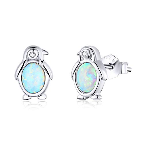 Boucles d'oreilles pingouin en argent massif et opale bleue fine
