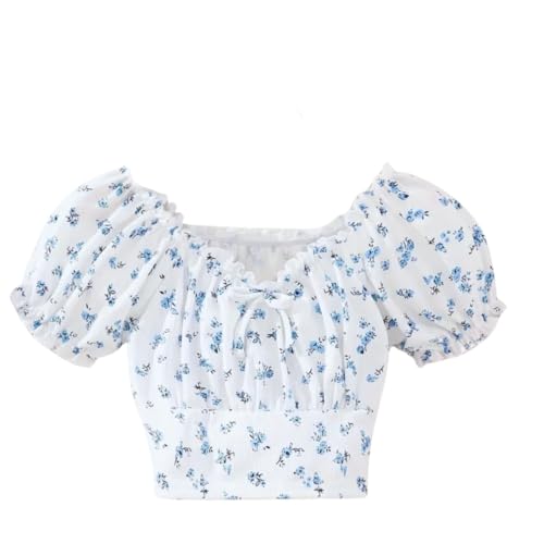 Girls' Puff Sleeve Crop Top for Little Girls - Floral/White