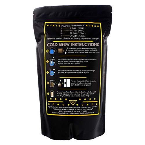 The Glover Grind Co. - 4 Decaffeinated Pumpkin Spice Cold Brew Coffee Packs, 100% Arabica Single Origin Colombian Coffee, Kosher, Makes up to 1.25 Gallons, Less Acidic, Smooth, and Fresh Roast.