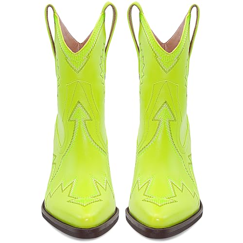 Image of HOCHFART Western Boots for Women Metallic Embroidered Pointed Toe Cowgirl Boots Chunky Heel Pull-On Short Cowboy Boots Wide Calf Country Ankle Boots