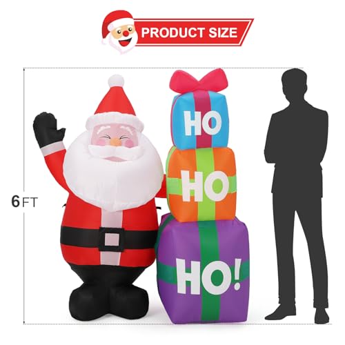 6FT Christmas Inflatable Outdoor Decorations, Cute Santa with Gift Box, Blow Up Xmas Yard Decoration for Holiday Home Party Garden Lawn Decor, Indoor Outdoor Use, Easy Installation