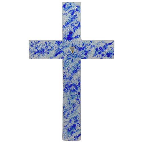 kruzifix24 Glaskreuz Wandkreuz Schmuckkreuz blau türkis Fusingglas Dreieck Blattgold 23 x 14 cm Glaskunst Unikat Schmuckkreuz Kinderkreuz Cover