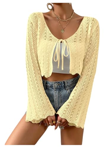 Image of Verdusa Women's Tie Front Crop Cardigan Bell Long Sleeve Scalloped Lightweight Knit Tops Summer Beach Cover Up