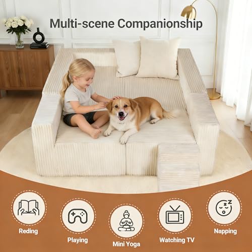 Image of Claiks 128 inch U Shaped Boneless Couch, Corduroy Sectional Sofa, Cream