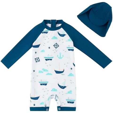 UMELOK Baby Boys UPF 50+ Sun Protectied Swimsuit with Snap Bottom (Blue,Sailboat 9-12 months) Cover