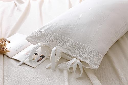 Meaning4 2-Pack Ivory White Lace Bed Pillow Shams Crochet Pillowcase 100% Cotton 30 Inchx20 Inch Queen Size (Off White) Tie Closure thumb #7