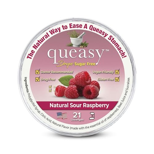 Three Lollies Queasy Drops Sugar Free - Natural Sour Raspberry Flavor - Ease Chemotherapy Nausea & Travel Sickness, Alleviates a Dry Mouth, Natural Ingredients - 21ct