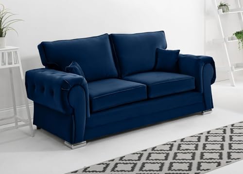 Sofahub Verona Blue Plush Velvet Sofa – 2 Seater, 3 Seater, 3+2 Seater or Corner Suite – Fullback Design, Button Tufted, Foam Cushions, Chrome Feet – Luxury Living Room Sofa Set (Blue, Corner)