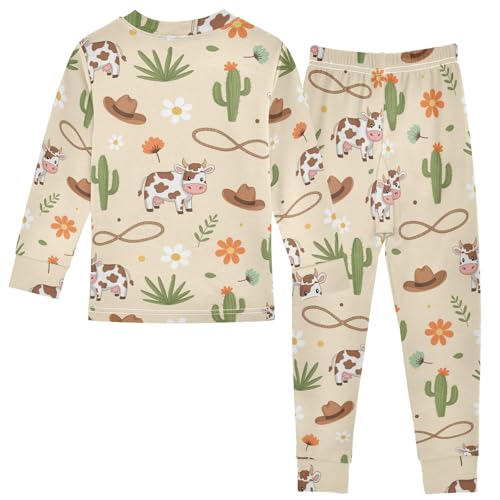 Pajama Sets Long Sleeve Cow Cactus Flower Rope Soft Comfy Sleepwear 2 Piece PJS 3-8T3