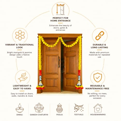 Image of Tia Crafts Artificial Marigold Handmade Fluffy Flower Toran for Main Door Entrance Decoration with Jasmine & Bell for Home, Pooja Room, Festival, Diwali, Ganpati, Wedding Decor Yellow | Set of 2