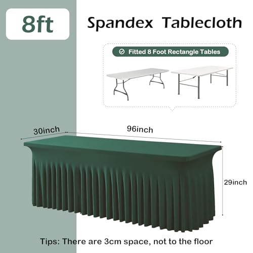 Image of 6 pk Hunter Green Spandex Tablecloth 8ft With Ruffle Table Skirt, Wrinkle Free Stretchy Fitted Tablecloths for 8 Foot Rectangle Tables, Elastic Spandex Table Covers for Weddings Parties Banquet Craft