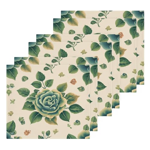YANENDIE Green Roses Beige Washcloths Towels, Highly Absorbent and Soft Cotton Face Cloths, 6 Pack Quick Dry Wash Cloths - 12 X 12 Inches