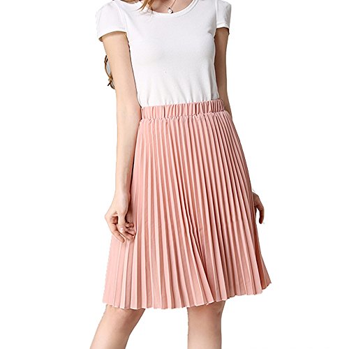 TEERFU Damska plisowana spódnica do kolan wysoka talia spódnica midi linia A Elasic Waist Skater Falred Solid Dress, różowy, XS-M