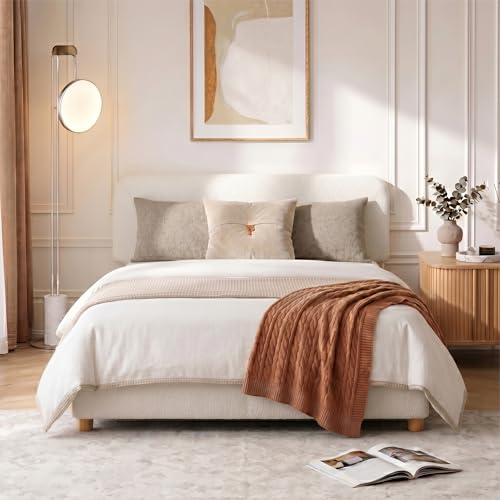 BERRY NEST Full Size Cloud Bed Frame, Upholstered Boucle Bed Frame with Adjustable Headboard, Solid Wood Legs, Rounded Corners Design & Easy Assembly – Modern Platform Bed,Cream