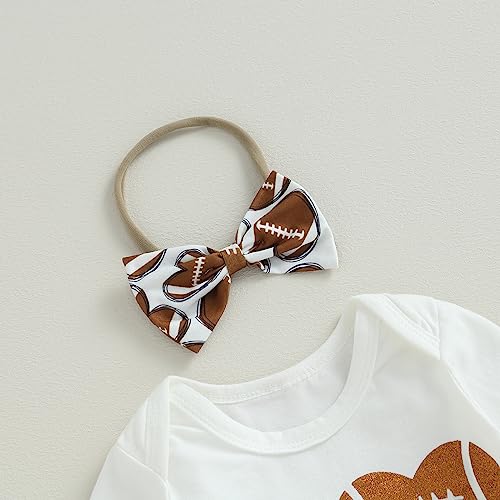 BULINGNA 3Pcs Infant Baby Girl Football Season Outfits Love Bodysuit Romper Heart Shape Football Flared Pants with Headband4