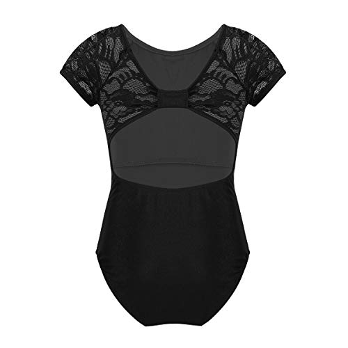 JEATHA Kids Girls One Piece Lace Splice Ballet Dance Costumes Gymnastics Leotard Bowtie Shaped Cutout Back Dancewear Black 10-12