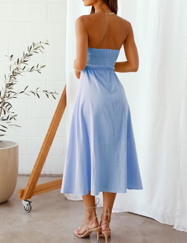 Image of Women Strapless Twist Front Midi Linen Cutout Wedding Guest Dress | Sexy,Sweetheart Neckline,Tube,Long,2026 Summer,Vacation,Formal,Cocktail,Bridesmaid,Party,Baby Shower,Beach,Elegant,Evening