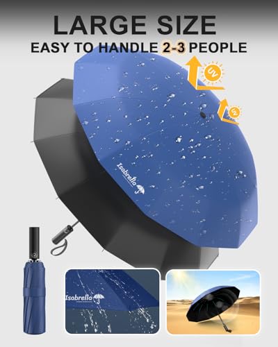 Image of ISABRELLA Big Umbrella for Women - 10-Rib Folding Umbrella with UV Protection, Black Coating, Wind & Rain Resistant, Safe Close Design, Durable, Lightweight, and Compact for Travel