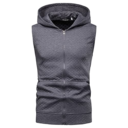 AIOIDI Camisola de homem polar com capuz sem mangas fecho de correr tops, cinzento, Unissexo médio
