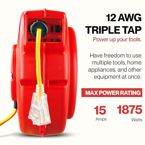 Reelworks GUR022 Extension Cord Reel Retractable Longest Industrial 12Awg X 80' Foot Commercial Premium Grade Ultra Flexible 3C/Sjtow Glow Strip Cable And Led Light Up Triple Tap Connector Use Indoor/Outdoor thumb #1