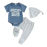 SAYOO Aunties Bestie Baby Clothes Gender Neutral Unisex Funny Letter Bodysuit Romper Solid Leggings Pants Hat 3Pcs Outfits (W Blue, 0-3 Months)