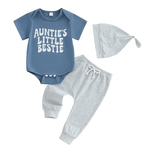 SAYOO Aunties Bestie Baby Clothes Gender Neutral Unisex Funny Letter Bodysuit Romper Solid Leggings Pants Hat 3Pcs Outfits (W Blue, 0-3 Months)