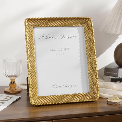 8x10 Picture Frame Gold, Vintage Gold Frames Rattan Textured Hand-Crafted Resin Photo Frame with Glass Front for Tabletop Display & Wall Display, Retro Design Home Decor