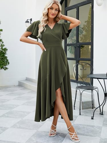 Image of Long Black Formal Dresses for Women Gowns Evening Party Cocktail Dress,Split Elegant V Neck Wrap Ruffle Wedding Guest Dresses