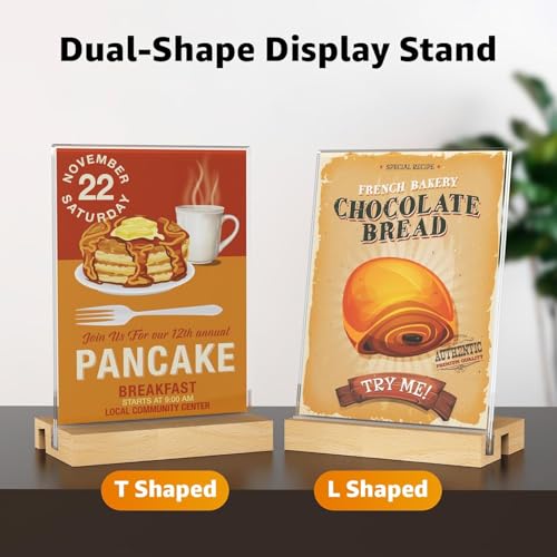 Image of DesiRang Acrylic Sign Holder with Wooden Base (5x7 in (A5), Straight /Slant placing, 2 side, Pack of 3) Clear Display Table Sign Picture Frame Flyer Menu Stand Office Wedding Restaurant Hotel Home