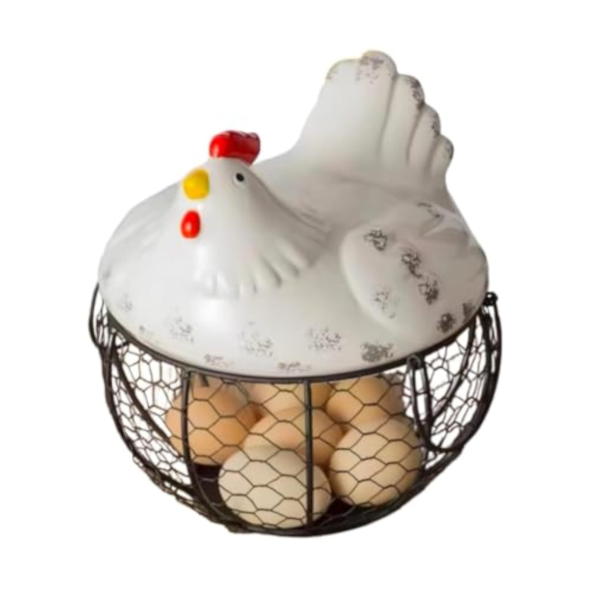 Rustic Ceramic Hen Egg Basket with Distressed White Finish