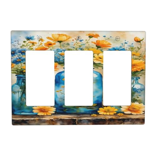 Decorative Outlet Covers Rustic Yellow Flowers Floral Blue Bottles 3 Gang Wall Plate Triple Rocker Light Switch Cover Plate Jumbo Electrical GFCI Faceplate for Country Bedroom Home Decor