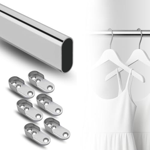 EVOTRADE Tubo Asta Appendiabiti per Armadio, Cromato Lucido 15x30mm, Lunghezza 3 Metri con 6 Supporti Laterali in Metallo, Montaggio a Parete, Stile Moderno