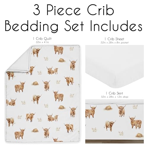 Image of Sweet Jojo Designs 3-Piece Baby Crib Bedding Set (Boho Highland Cow) for Girls /Boys, Infants /Nursery incl. Blanket, Fitted Sheet and Skirt (Farm Animal, Bohemian, Watercolor, Rustic Farmhouse, Modern)