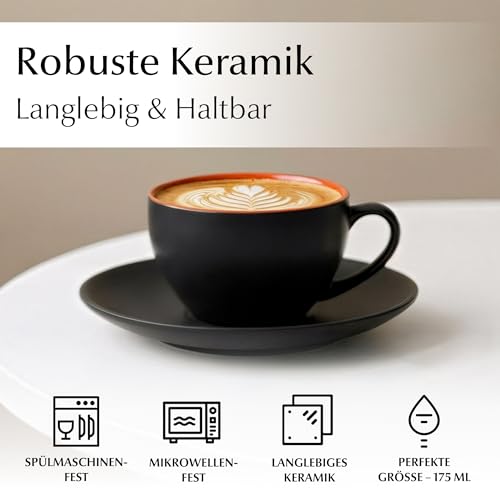 Cappuccino Tassen Miamio – 6 x 175 ml mit Unterteller und Ständer