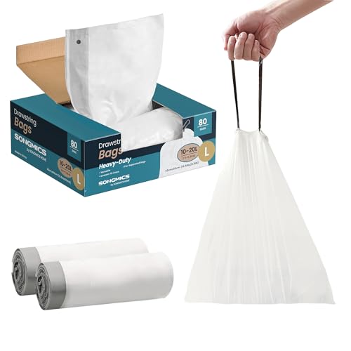 SONGMICS Trash Bags for 5.3 Gallon (20 L) Trash Cans, Drawstring Kitchen Garbage Bags, Pre-Separated, Quick-Dispense Box, Liner Code L, 2 Rolls, 80 Co